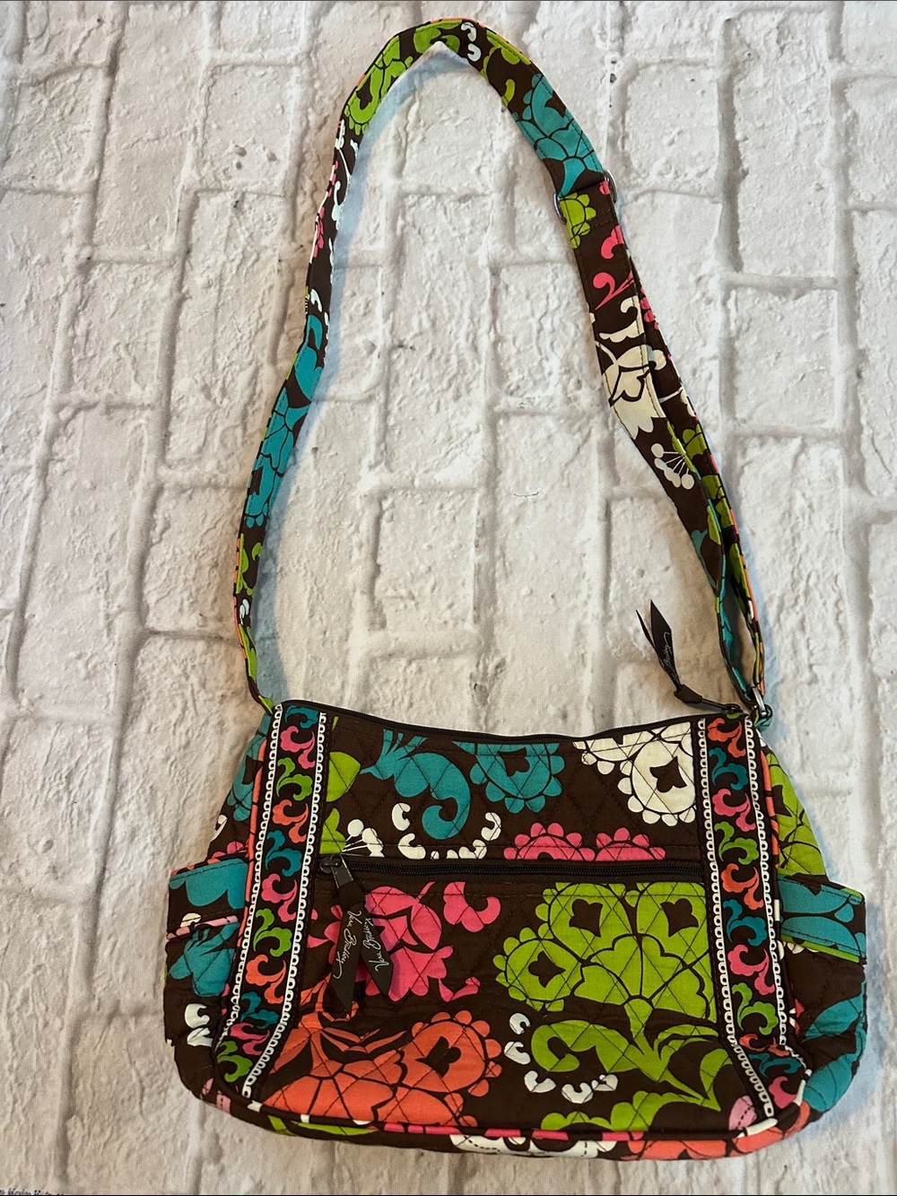 Vera Bradley Brown Floral Quilted Shoulder Bag with Teal, Lime & Pink Accents